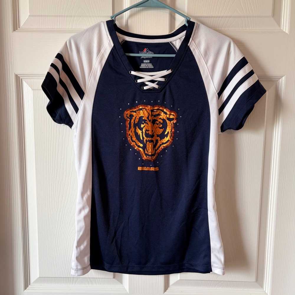 Majestic Chicago Bears Women Medium Navy Lace Up Sequin Logo Jersey Shirt